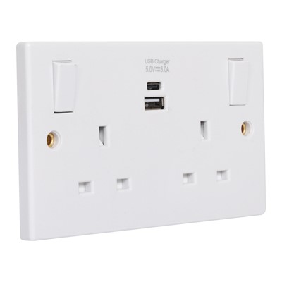 DOUBLE WALL SOCKET SWITCHED  USB A+C 3A